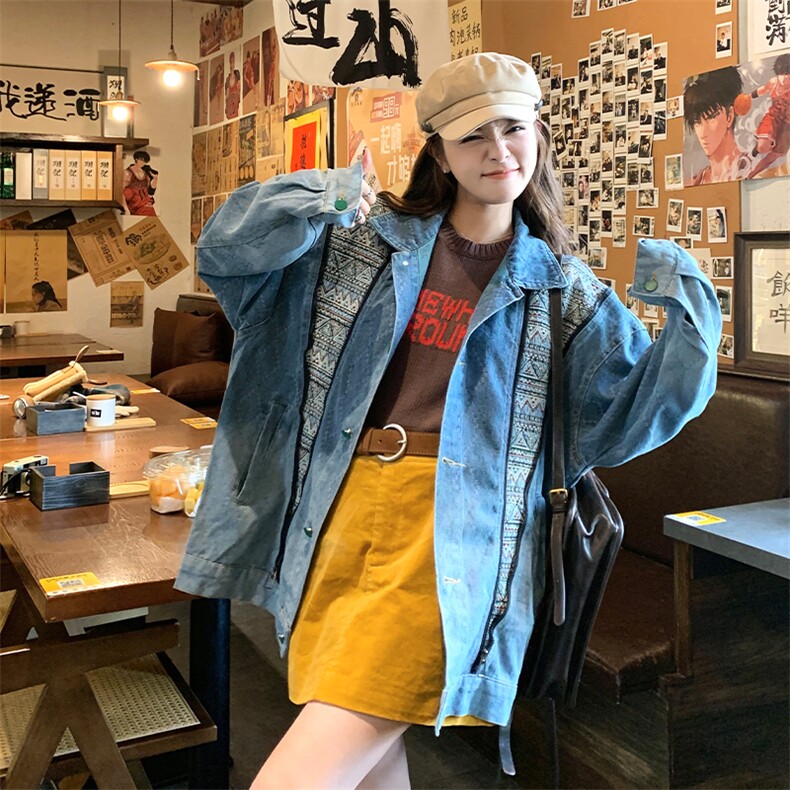 蓝色水洗拼接牛仔外套女美式复古oversize宽松设计感拉链工装夹克图片