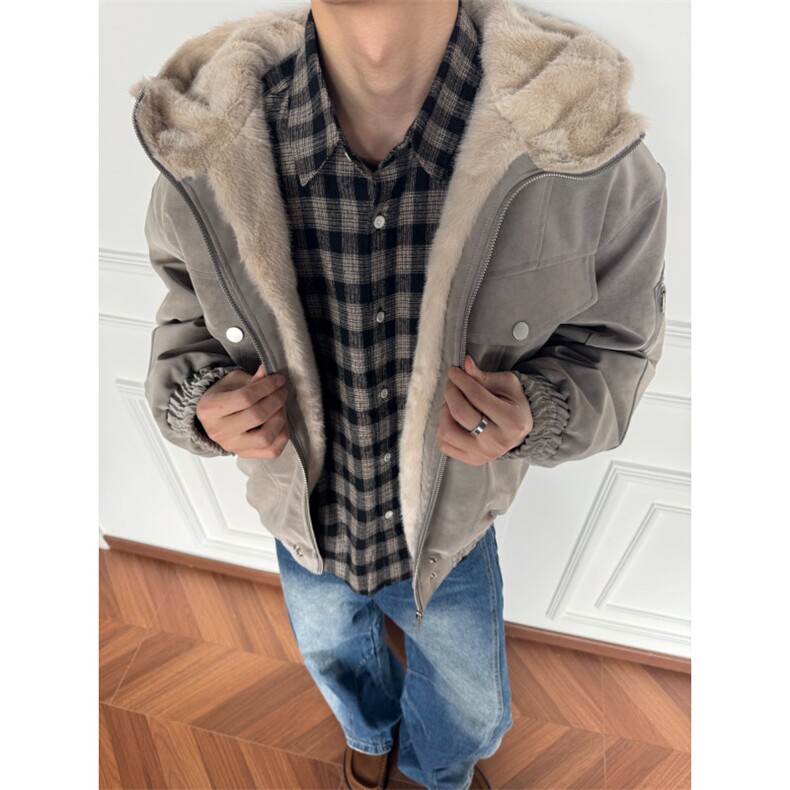 网图美潮座山雕连帽兔毛绒拼皮棉服外套W1917/特P98,男装棉衣,电商B350