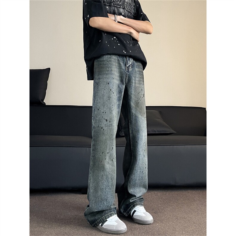 美式高街vibe复古泼墨牛仔裤男潮牌宽松直筒微喇叭长裤N00522-p52,男装牛仔裤,星座1008-1