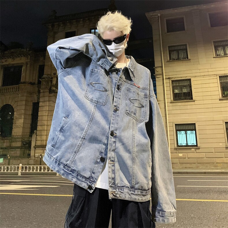 男装牛仔外套2026秋季几何绣标印花男生翻领夹克XZ514-2-N98-P88,男装工装外套,星座514-2(原B239)