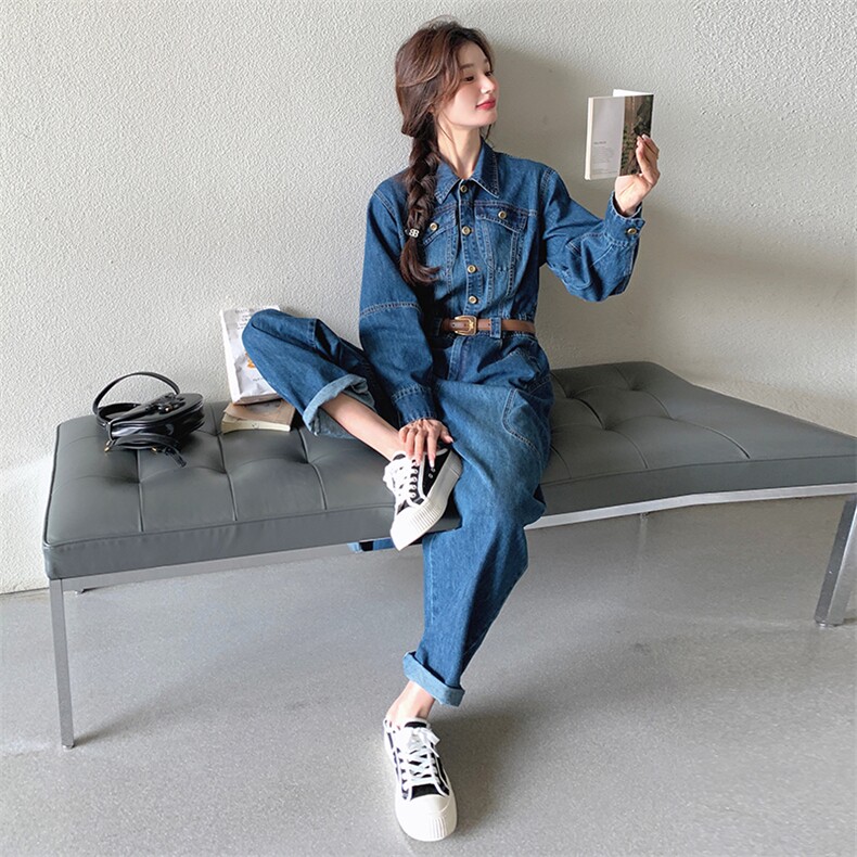 美式水洗复古连体裤女2025秋季新款时尚遮肉显瘦长袖牛仔连体长裤,女装连体裤,点滴