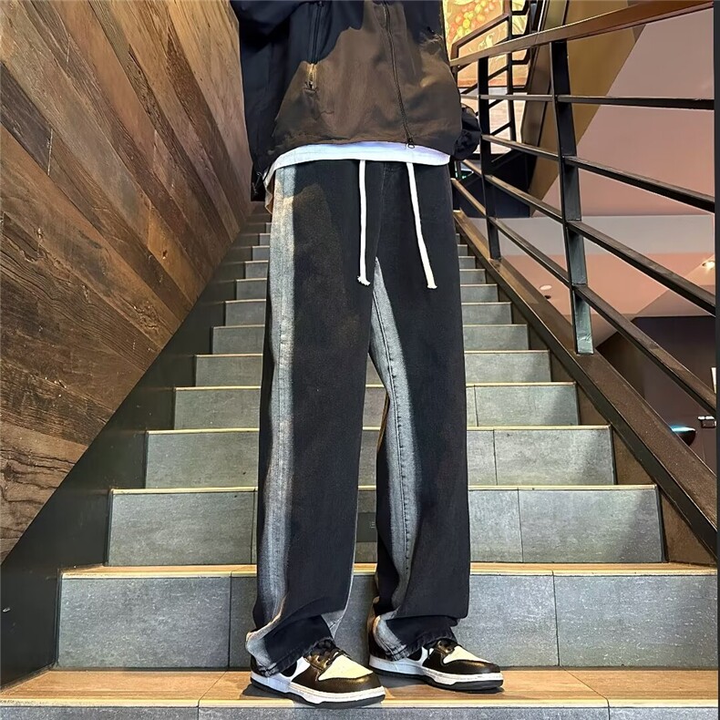 牛仔裤男秋冬潮牌宽松做旧水洗直筒裤港风扎染阔腿长裤子9069P45,男装牛仔裤,星座410-2