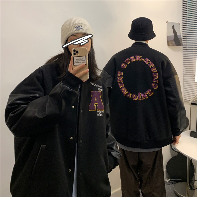 现货 情侣装春装 毛呢拼接PU皮棒球服夹克情侣外套 H572 P118男类图片