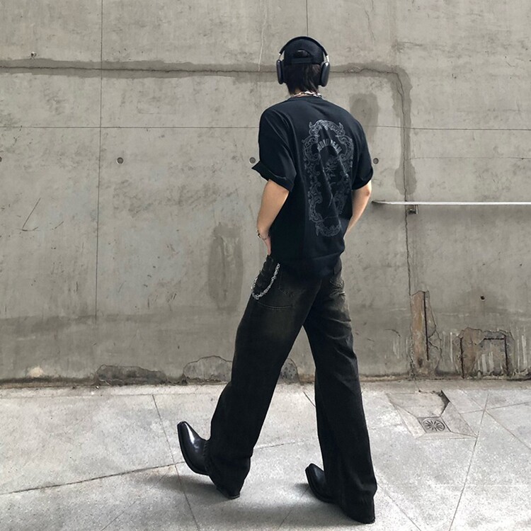 美式高街闪电裂纹微喇牛仔裤男潮牌cleanfit水洗直筒长裤图片
