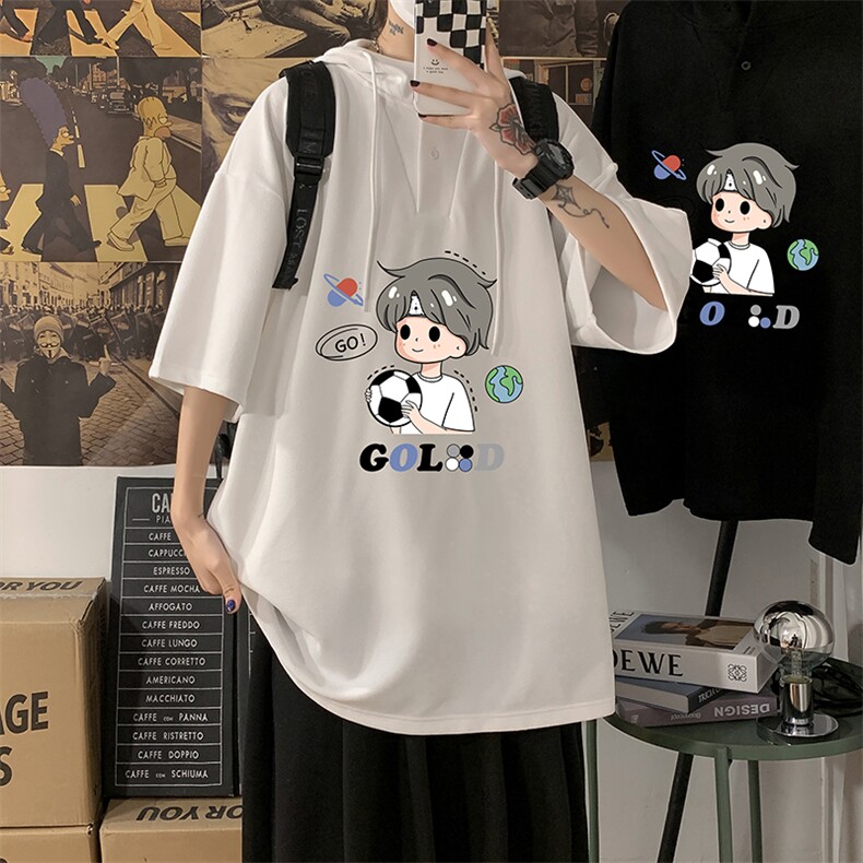 LD54207-P45 连帽短袖t恤男大码胖子带帽五分袖中袖图片