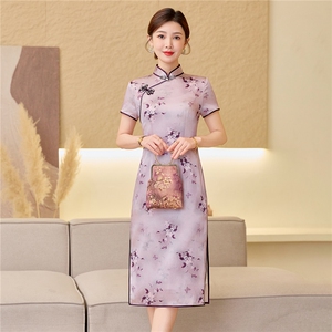 杭州品质真丝长裙复古印花连衣裙女春夏日常修身潮流真丝旗袍图片