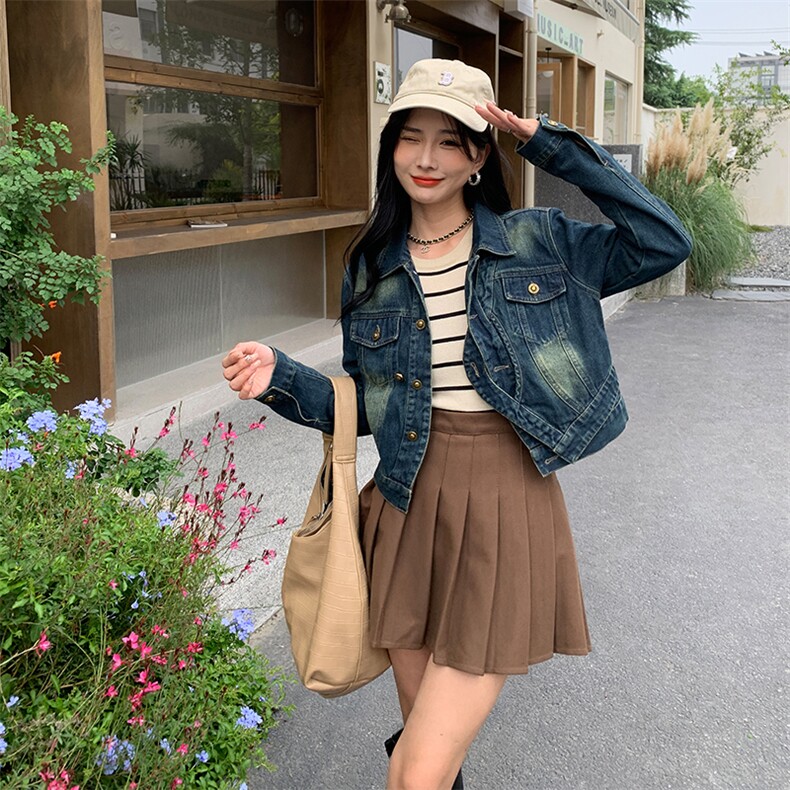美式复古炸街设计感做旧蓝牛仔外套女2024高级百搭休闲短夹克上衣,女装短外套,MQ