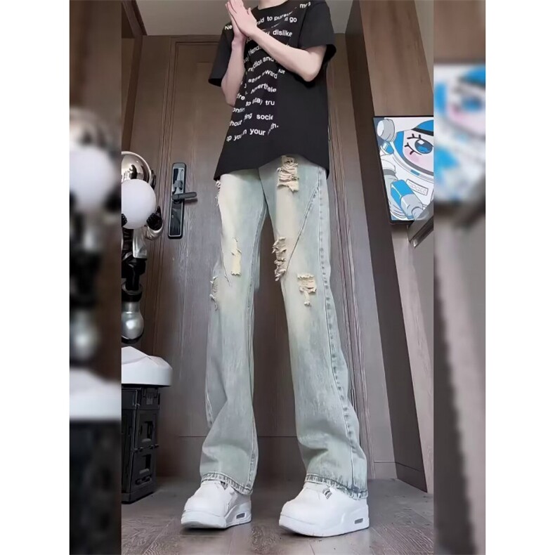 美式复古高街男女破洞设计感显瘦直筒微喇牛仔裤S766P39,男装牛仔裤,星座1112-1