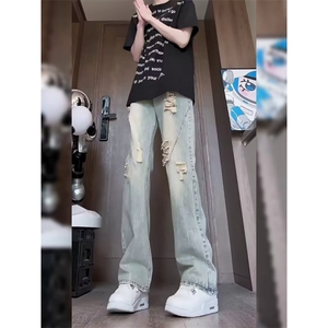 美式复古高街男女破洞设计感显瘦直筒微喇牛仔裤S766 P39图片