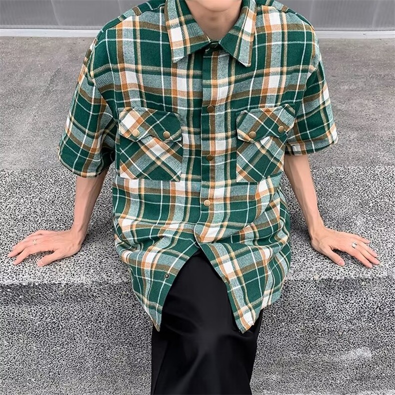 美式夏季格子男短袖衬衫新款复古vintage高级感半袖上衣,男装衬衫,星座410-7