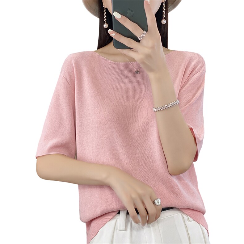 冰丝针织短袖女夏季一字领半袖小众设计感高端洋气天丝亚麻薄T恤,针织衫/毛衣,萱芳婷羊绒
