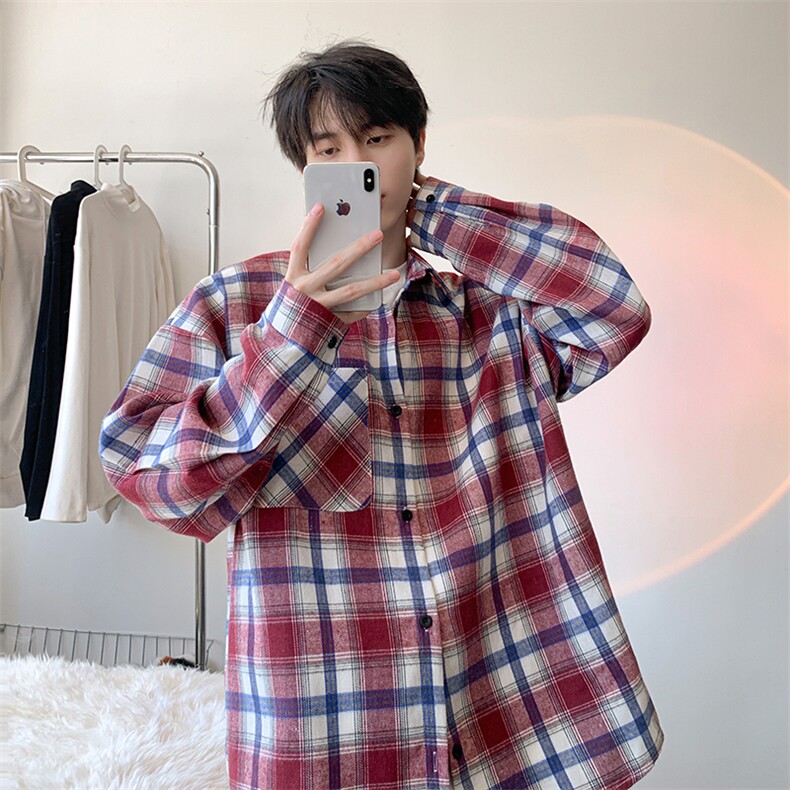 衬衫男秋季新款港风宽松大码磨毛格子长袖衬衣CS6639-P35，男装衬衫，星座214-3