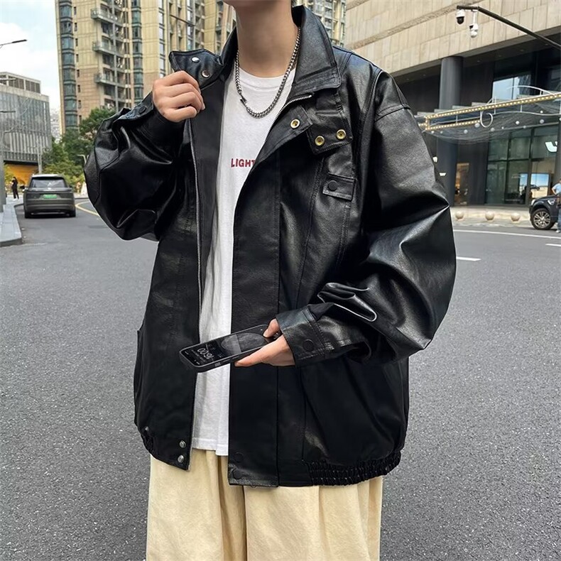 港风工装机车皮衣新款复古休闲帅气宽松翻领皮夹克男J3122-p68图片