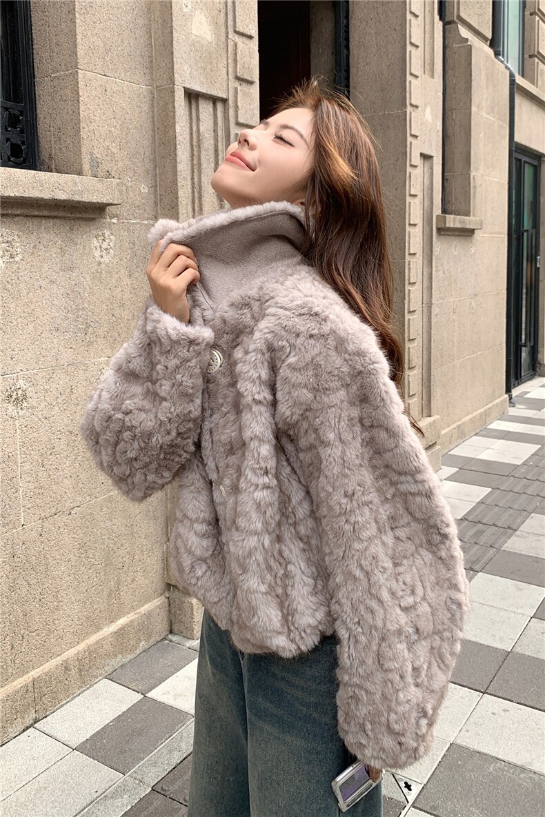 浅灰色秋冬皮毛一体外套女仿水貂绒休闲上衣2C353--715#P190K278,女装短外套,2C353