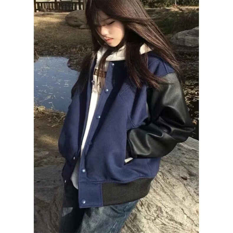 复古街头棒球服女春秋季宽松休闲短款拼色PU皮夹克装外套JV831,男装夹克,星座1116A（原606A-3）