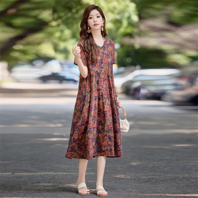 时尚休闲印花棉麻短袖连衣裙女2025夏新款简约宽松复古文艺风裙子,女装连衣裙,依万里