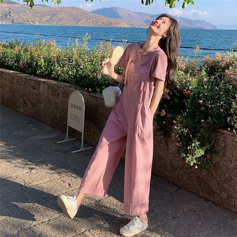 盐甜系穿搭粉色条纹t恤套装女夏新款休闲显瘦学院风背带裤两件套，女装套装/套裙，千寻