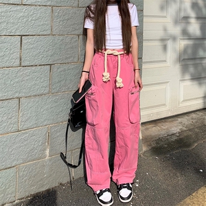 美式vibe灰色机能工装冲锋裤女直筒高街带腰绳工装长裤B86 P45图片