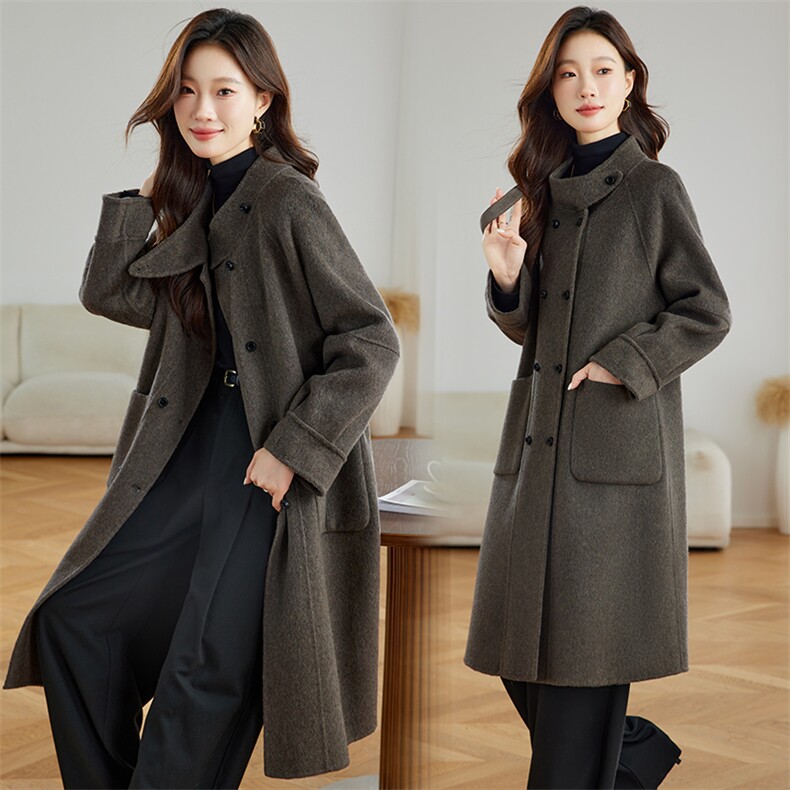 立领双排扣双面羊绒大衣女中长款2024年秋韩版显瘦70羊毛呢外套，女装毛呢外套，拾衣