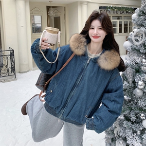 现货 复古气质连帽牛仔羽绒服女配狐狸毛可拆卸保暖外套中长款图片