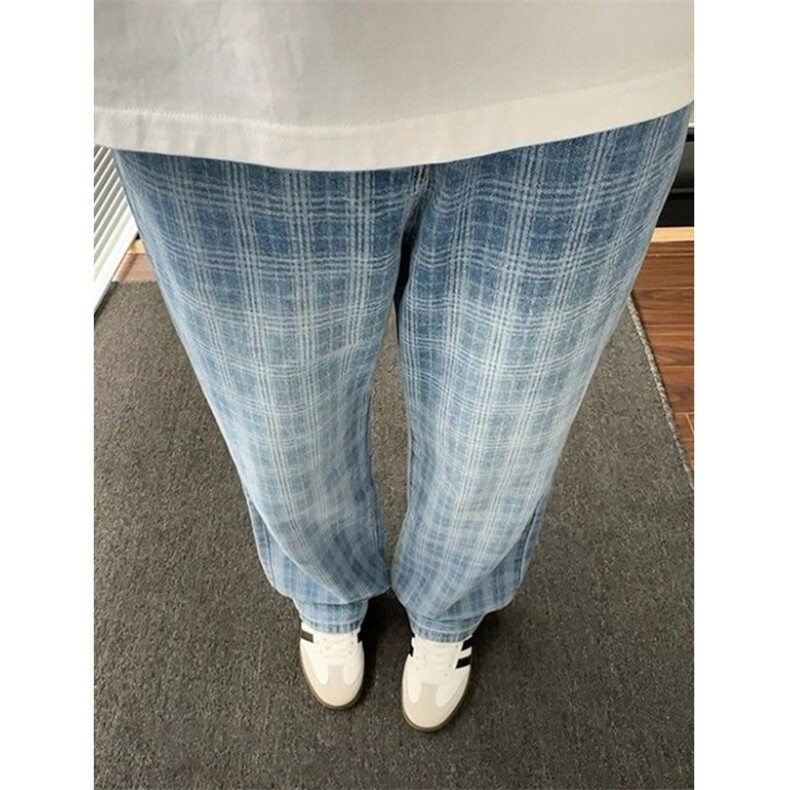 蓝格子半松紧腰微喇牛仔裤休闲裤直筒宽松长裤NC433,男装牛仔裤,星座1116A（原606A-3）