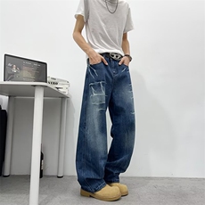 美式街头闪电纹弯刀牛仔裤男秋cleanfit宽松长裤子潮牌RK3033-P45，男装牛仔裤，星座412-3