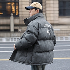 港风冬季新款棉衣男印花宽松PU皮立领面包服大码外套男MY625-P128，男装棉衣，星座505-3