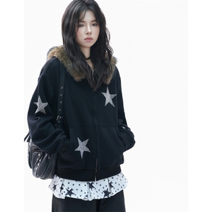 美式复古毛领连帽开衫卫衣女设计感烫钻星星宽松外套 WB6018图片