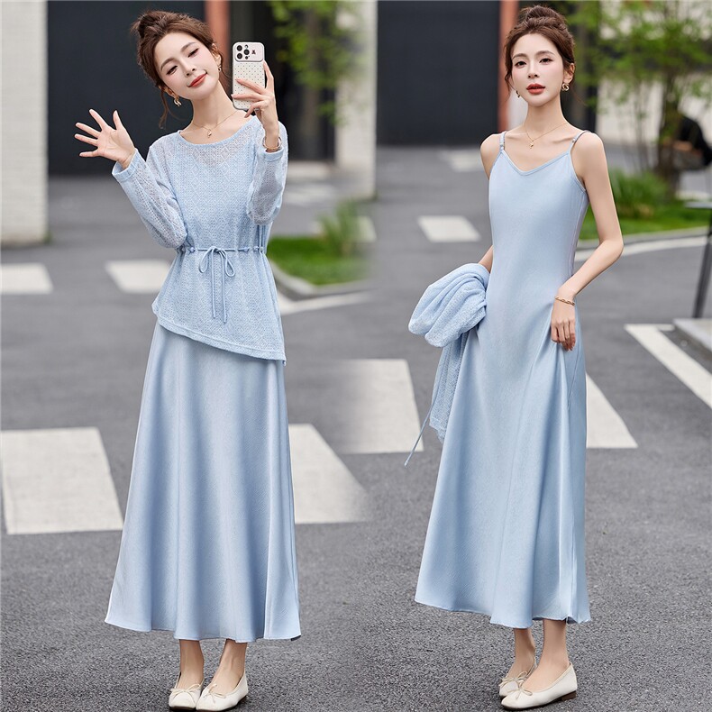 2026年夏季新款简约风镂空针织衫上衣吊带两件套时尚连衣裙套装，女装套装/套裙，米尚