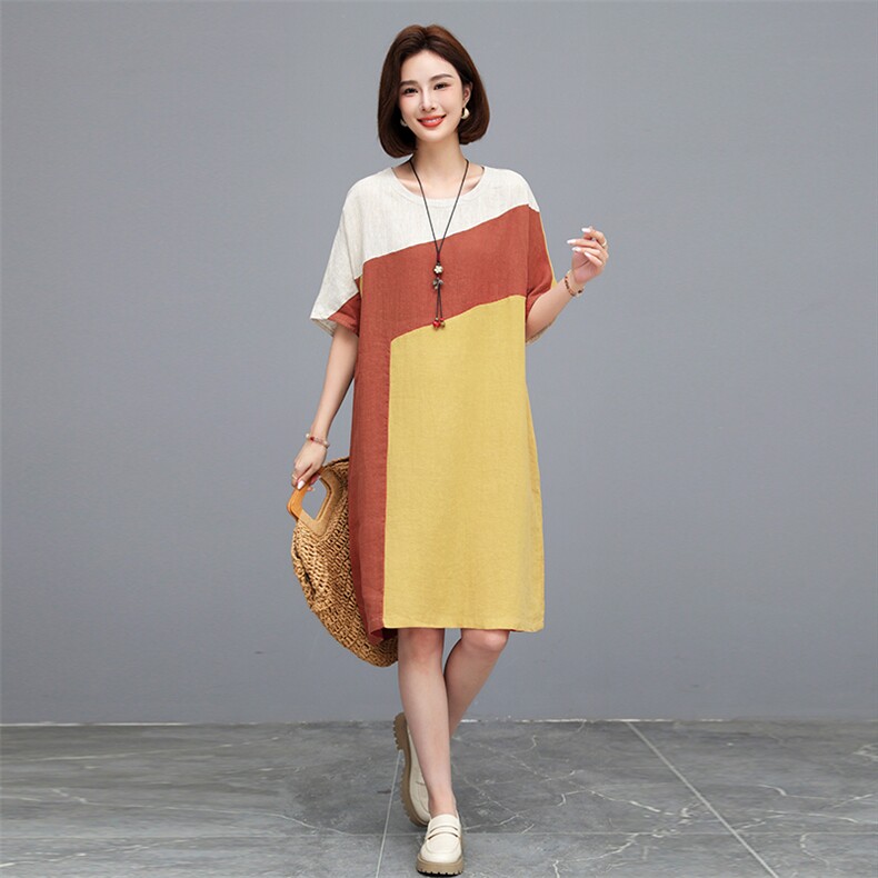 时尚撞色拼接宽松连衣裙夏季新款显瘦遮肉长裙819款,女装连衣裙,秋牧寒烟