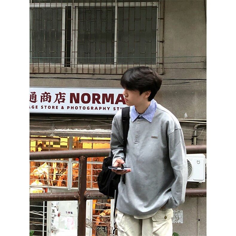 黑色假两件衬衫领卫衣男生春秋款潮牌高级感学院风穿搭长袖polo衫,男装Polo衫,电商A003