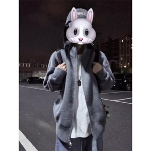 重磅秋冬北极绒双拉链毛衣开衫美式复古休闲慵懒风宽松针织衫外套图片