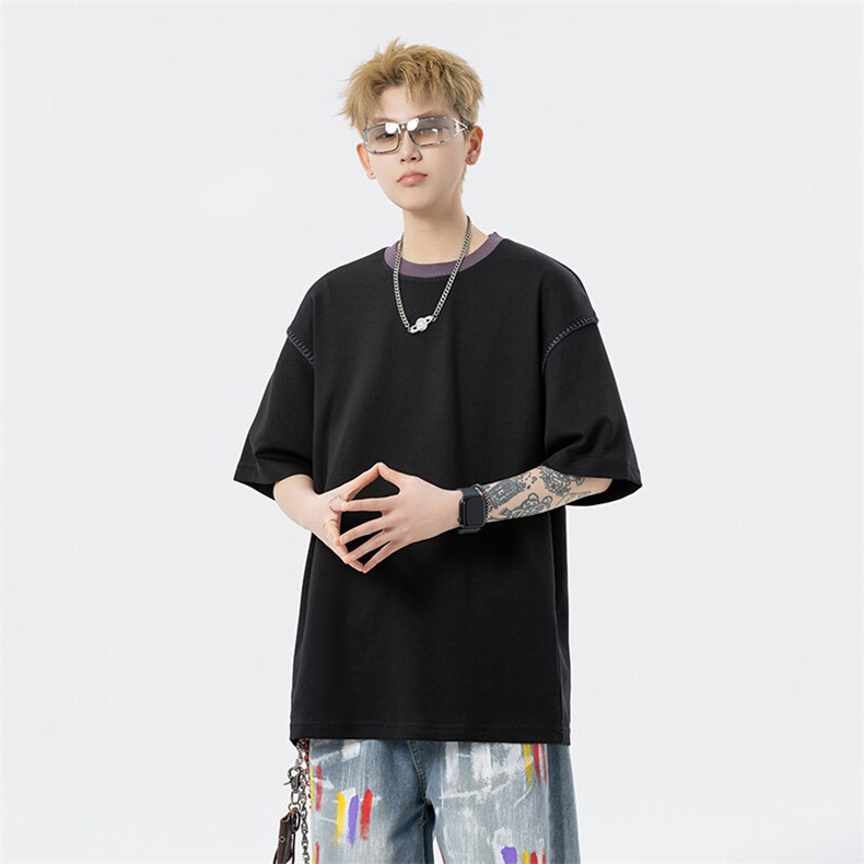 260克曼巴棉拼接撞色绣花圆领夏季男短袖T恤休闲百搭 G1126特P30图片