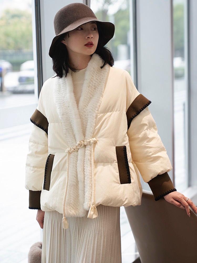 2022新款气质小香风门襟水貂毛羽绒服,女装羽绒服,L·H·X