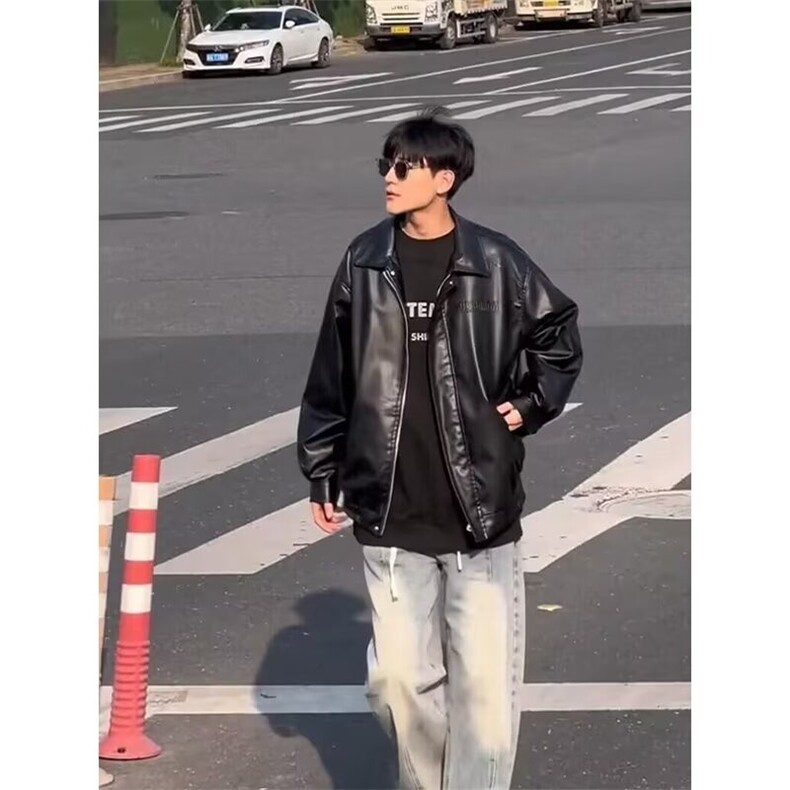 美式复古做旧皮衣夹克春秋男女宽松潮流百搭翻领机车外套JK9109图片