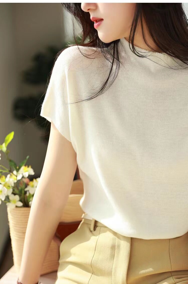 气质百搭宽松薄款半高领短袖针织衫女春夏落肩,针织衫/毛衣,圣旺供货