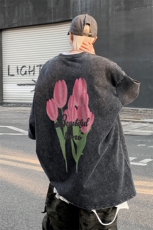 B239-1128-P38美式油画粉色郁金香复古水洗做旧落肩袖短袖T恤，男装T恤，星座514-2(原B239)