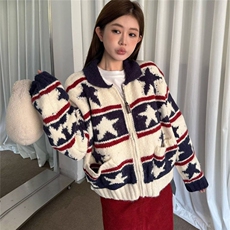 PENDLETON厚粗冬男装翻领纯羔羊毛织花复古长袖针织拉链外套上衣，女装短外套，星座506A
