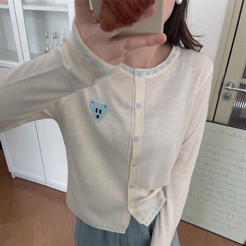 羊范设计感十足~春季新款精纺羊毛针织开衫女士圆领小熊提花外套，女装针织衫/毛衣，佰米娇羊绒