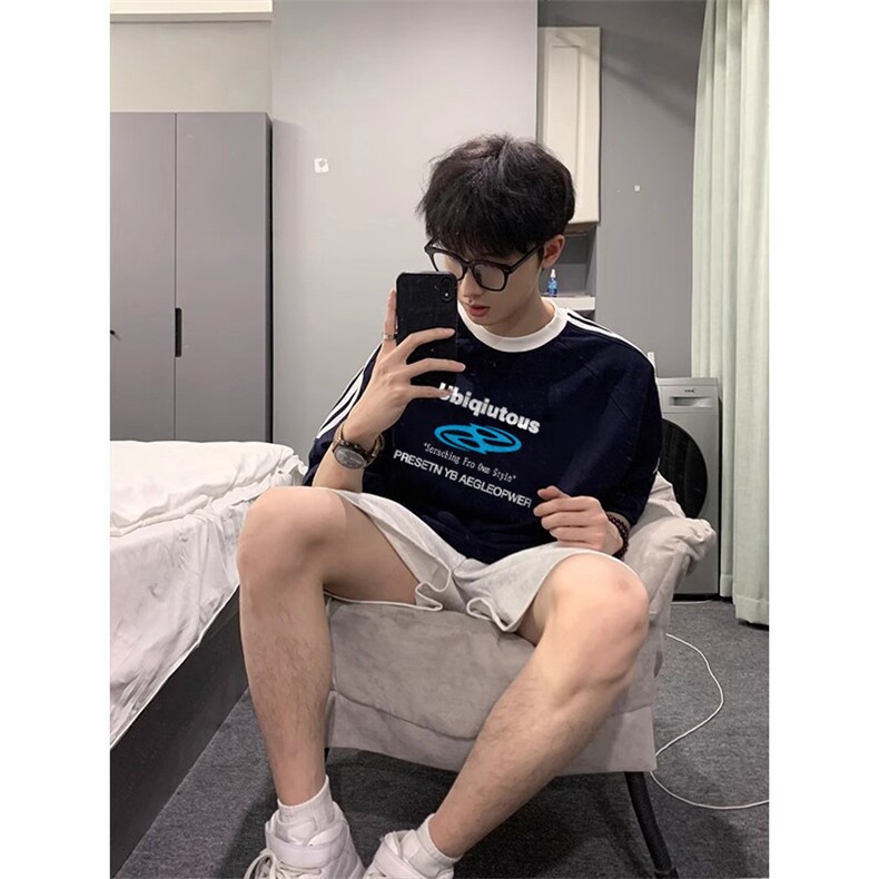 夏季美式高街重磅纯棉三条杠织带撞色男女短袖T恤ZD375-特P30,男装T恤,电商A486