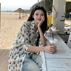 Q412卡通印花夏季衬衫男女情侣装短袖衬衣沙滩旅游度假夏威夷风，女装衬衫，电商C306-1