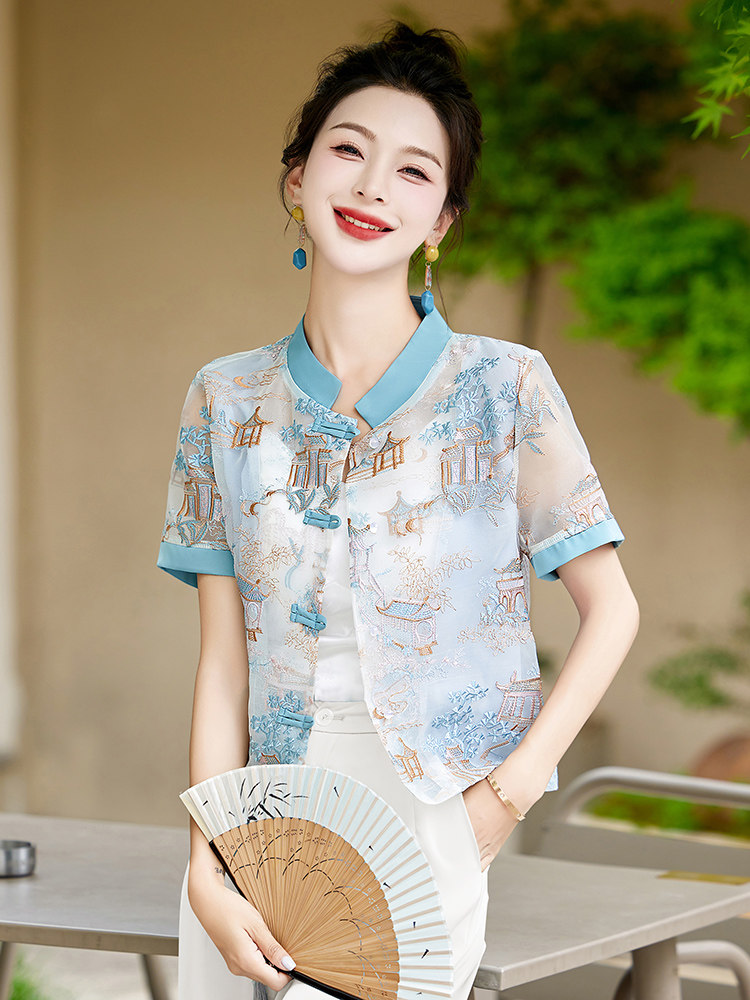 现货新中式盘扣刺绣防晒衣女夏2025新款气质立领唐装短袖薄款上衣,女装防晒衣,美静678