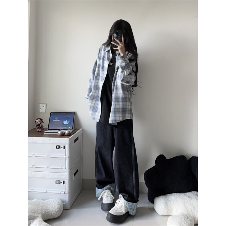 【有货】美式格子拼接卷边牛仔裤男女阔腿裤子NZ011CC-特P48,男装牛仔裤,星座1007（原301D）