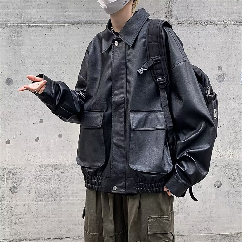 港风秋款男皮夹克工装大口袋纹路宽松休闲皮外套JK906P75,男装夹克,星座1013-1