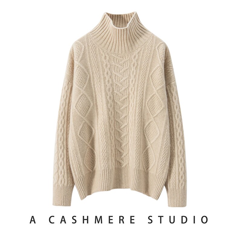 2025年秋季套头单件长袖半高圆领落肩袖加厚磅绞花针织衫，女装针织衫/毛衣，珍丝贝尔