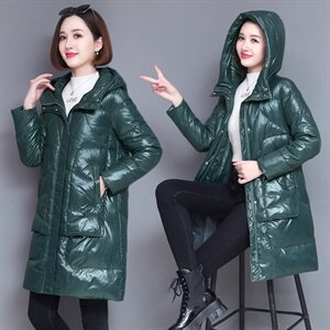 时尚新款连帽中长款修身棉服 显瘦保暖女士外套图片
