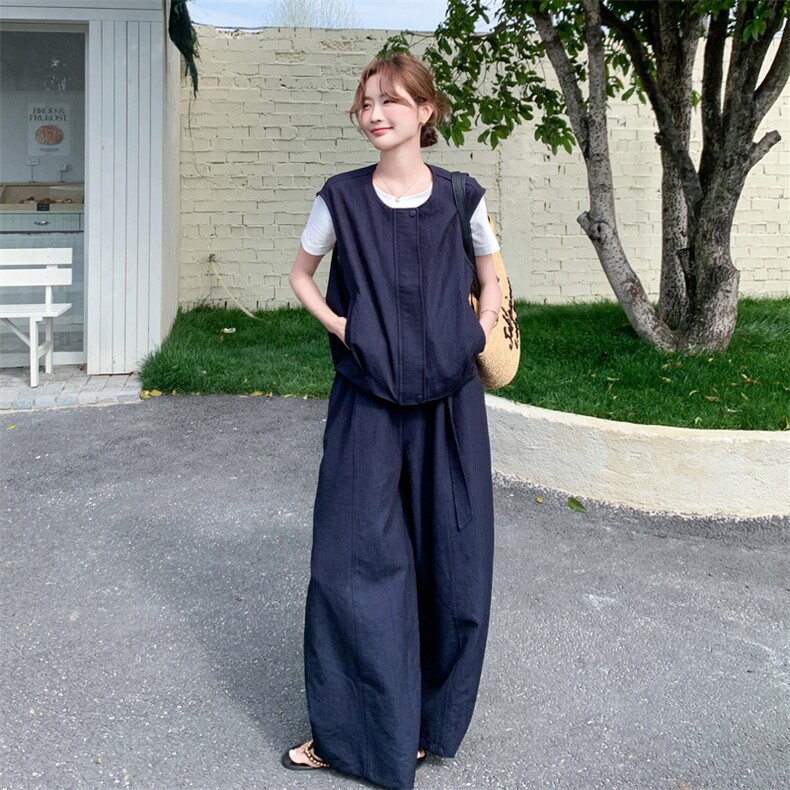 休闲马甲女夏季新款小香风减龄阔腿裤T恤三件套，女装套装/套裙，诺蝶