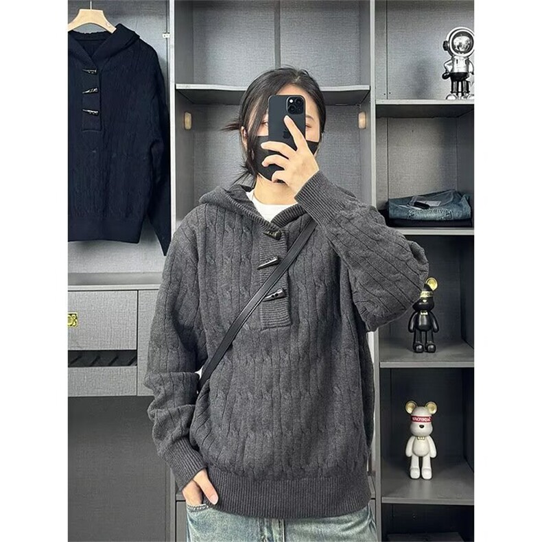 牛角扣设计感半开衫毛衣外套秋季穿搭慵懒高级感宽松连帽针织衫,男装针织衫/毛衣,星座506A