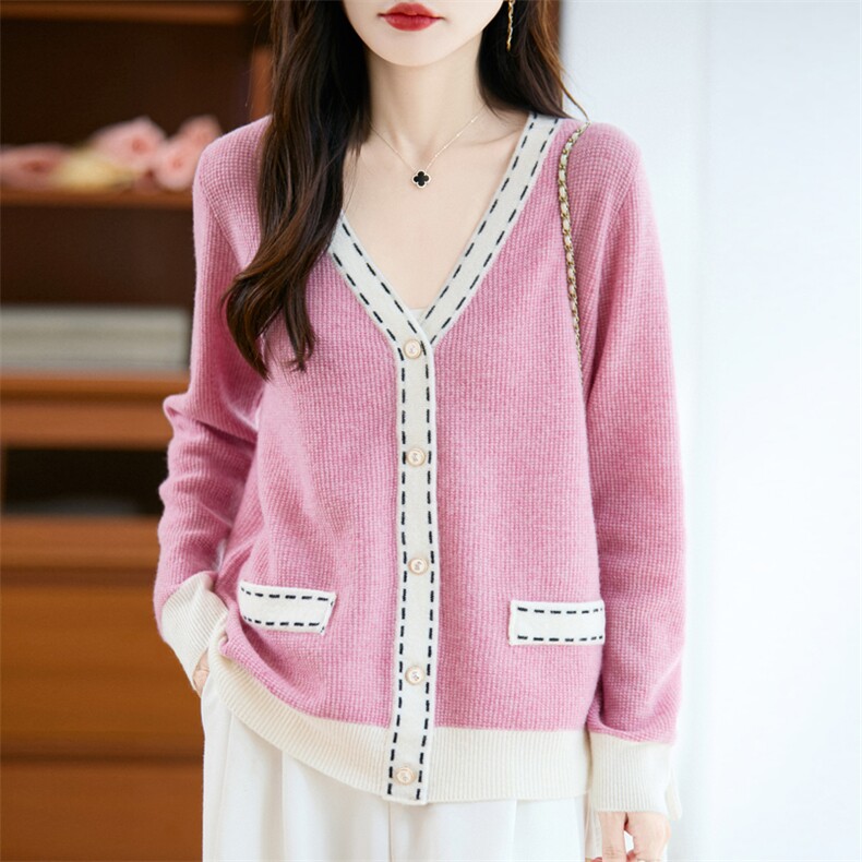 V领拼色100%纯羊毛开衫女秋冬小香风针织毛衣宽松外套羊绒衫上衣，女装羊毛衫，大美人包芯纱店