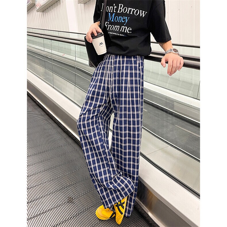 复古蓝色格子裤5X1059-TP2549港风宽松阔腿拖地休闲裤男女,男装休闲裤,电商A102